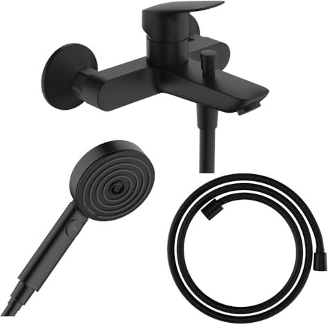 Hansgrohe Pack mitigeur Bain Douche Logis + Flexible Designflex + Pommeau Pulsify Select 105 3 Jets Noir Mat