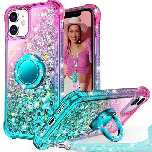 Unlicaku for iPhone 11 Case, with Ring Women Girls Bling Holographic Sparkle Glitter Cute Cover, Diamond Ring Protective Phone Case for iPhone 11, Green