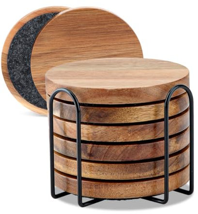 WLWNWFT Untersetzer Holz für Gläser 6er Set, Untersetzer aus Akazienholz mit Halter, Glasuntersetzer Holz mit Filz, Holzuntersetzer Rund für Getränke, Bar, Tassen, Glas