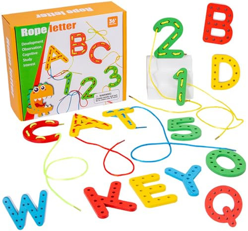 XINNIAN Juego para ensartar Las Letras número,Juguetes de Madera,Juego Educativo,Juguete Montessori,Regalo de Cumpleaños Navidad para Niños 3 4 5 6 7 Años