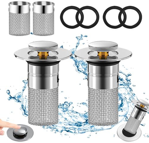 2 Pièces Bonde de Lavabo Universel avec Panier Filtrant, 34-40mm Bouchon Lavabo Salle de Bain, Bonde Lavabo Salle de Bain Pop Up Lavabo pour Lavabo Cuisine Bain avec Panier Filtrant Amovible