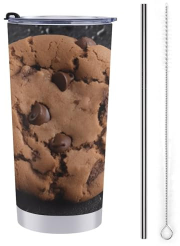 NHYDSPQ Tasse de voyage en acier inoxydable avec paille et brosse - Motif biscuits au chocolat - Anti-déversement - Tasse à café de voyage avec paille et brosse