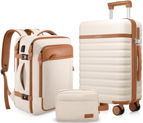 UKEIN Suitcase Set, PC Hard Shell Carry On Suitcase, Travel Trolley Hand Cabin Luggage with TSA Lock & 360° Spinner Wheels, Included 1pcs Travel Backpack and 1pcs Toiletry Bag