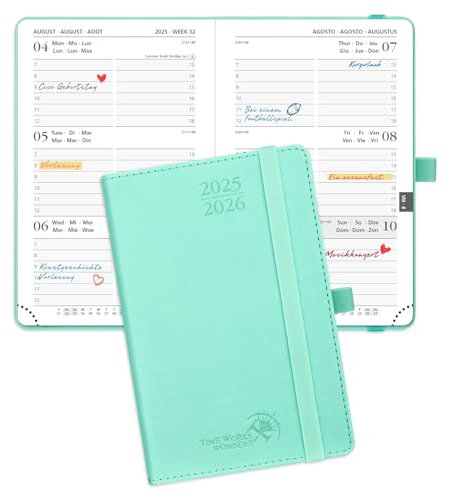 POPRUN Taschenkalender 2025 2026 Klein (Aug.2025-Dez.2026) Softcover mit PU-Leder, ca. A6 (16 x 10,5 cm), terminplaner 2025 2026 Klein 1 Woche 2 Seite mit Stiftschlaufe - Mintgrün