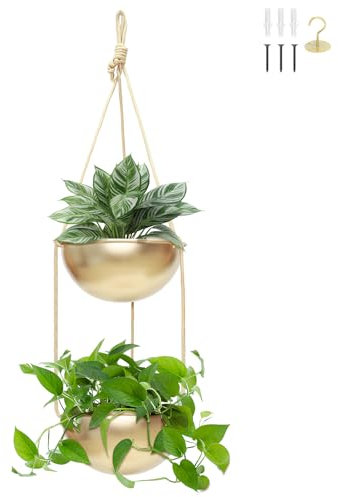 AceList 2 Stück Gold Hängende Pflanzgefäße für Zimmerpflanzen – 24,8 cm Boho Metall Pflanzenhänger Indoor mit Haken, Fenster hängende Pflanzgefäße für Balkon und Decke