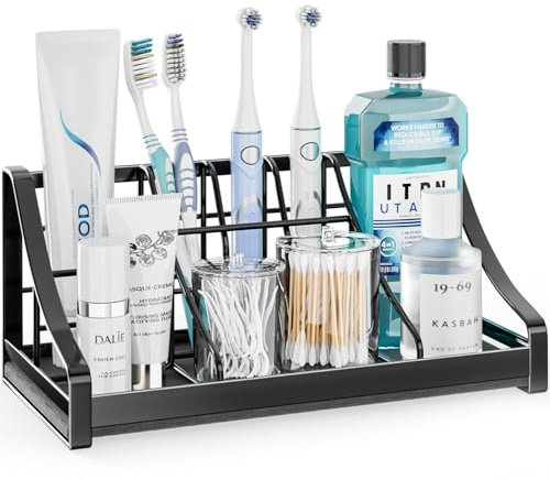 Toothbrush Holder Instant-Dry Organizer - Bathroom Countertop Organizer Kids Electric Toothbrush Toothpaste Holders - 7 Slots Bathroom Sink Accessories Storage Tooth Brush Counter Organization, Black