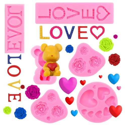 QEEYON 6 Piezas Moldes de Silicona para Fondant, Molde de Silicona 3D Del Alfabeto con Forma de Amor, Molde de Oso Con de Corazón, Flores, Cubitos de Hielo, Bandeja Molde de Hornear