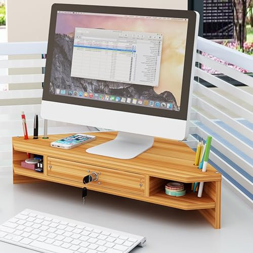 Eck-Schreibtisch-Monitorständer mit Stifthalter und Schublade, dreieckiges Design, 2 Ablagen, Büro-Nizer, Aufbewahrungsregal für Laptop, TV, Tablet, Braun