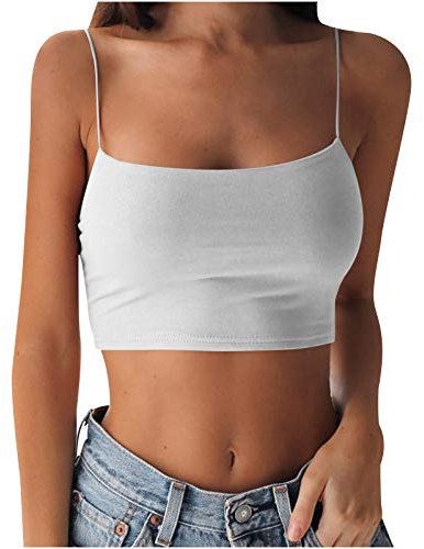 Summer Tank Tops for Women Women Square Neck Crop Top Sleeveless Vest Ladies Solid Spaghetti Strap Camisole Slim Short Tank Tops Women Cami Vest Top UK Vacation Holiday Top Shirt White