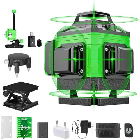 Kreuzlinienlaser Grün 16 Linien, 4 x 360 °Laser Wasserwaage Selbstnivellierend, Linienlaser kreuzlaser Baulaser für Innenbereich Baustelle,mit Wiederaufladbaren Batterien (16 Linien)