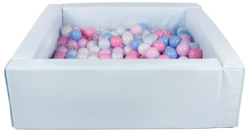 Velinda Piscine à balles carrée avec 300 balles, Cuir écologique, 5 éléments (Couleur de la Piscine/de balles: Bleu (Pastel)/Blanc, Transparent, Bleu Clair, Rose Clair, Rose (Pastel), Bleu (Pastel))