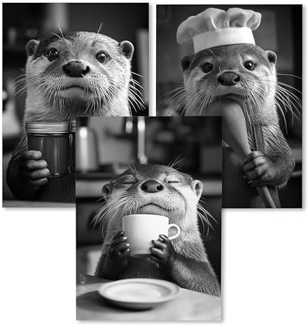 XELLENZ - hochwertige Wandbilder als Küchendeko - 3x Charmante A4 Otter-Posterset für deine Küche - ideale Deko Wohnzimmer - Wanddeko Esszimmer, Wohnzimmer, Restaurant oder Cafés - Ohne Rahmen