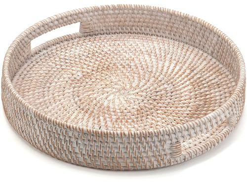 34 cm Round Rattan Tray, Hand Woven Serving Basket with Handles, Wicker Decorative Tray for Home Decor, Whitewash