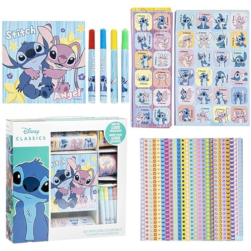 The Geeky Pop Stitch Schreibset für Mädchen – 1000 Sticker + Buntstifte | Stitch Malset mit Angel | Geschenk für Kinder | Schreibwaren Set