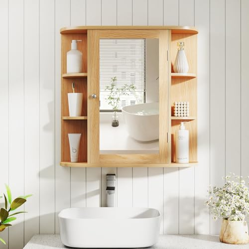 GOPLUS Armoire Murale pour Salle de Bain avec Grande Espace de Stockage, Porte avec Miroir, Matériaux Ecologiques, Plusieurs Tablettes de Différentes Tailles (65 x 17 x 63CM,Naturel)