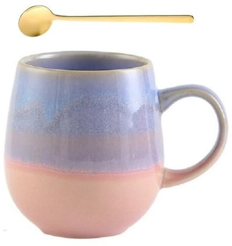 Huiyiwert große Kaffeetasse Farbverlauf Kaffeebecher mit Löffel Porzellanbecher dickwandige Henkeltasse Teetasse Milchbecher Geschenk für Mädchen Männer Frauen Freuden (Lila)