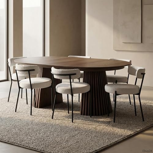 Esstisch oval ausziehbar - Essgruppe Tokyo 7-teilig für 6 Personen Smoked 120x120-160/200 cm Tisch mit 6 weißen Bouclé Stühlen Esszimmergruppe Speisegruppe Wohnküche Esszimmermöbel Essplatzmöbel