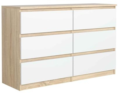 Masseno Kommode NUDO 120 cm Sideboard mit 6 Schubladen und Türen für Wohnzimmer Schlafzimmer Modern 120x39x78,5 cm Sonoma Eiche/Weiß
