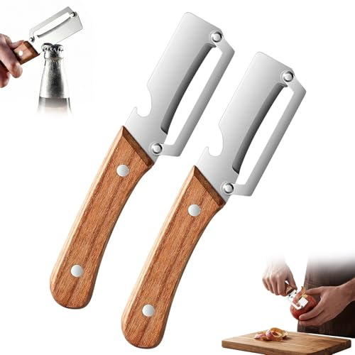 Xivicii 2 Pcs Multi Functional Vegetable Peeler for Kitchen, 2 in 1 Stainless Steel Fruit Peelers with Wooden Handle and Bottle Opener