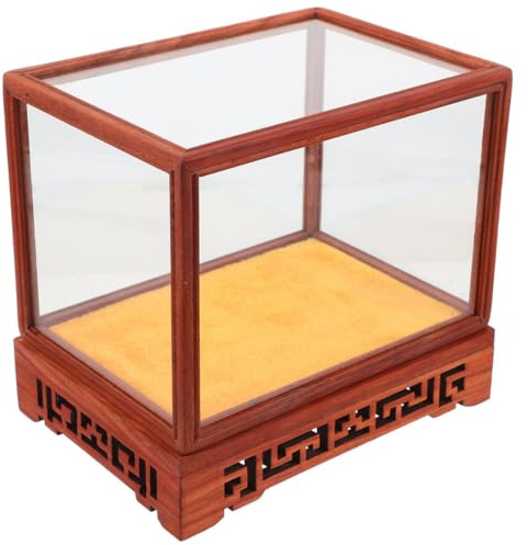 KOCKSHION Présentoir en Bois Massif avec Boîte de Présentation en Verre Transparent pour Exposition D'antiquités, Base Sculptée en Bois Rouge, Protection Anti-poussière pour Décoration