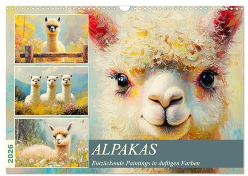 Alpakas. Entzückende Paintings in duftigen Farben (Wandkalender 2026 DIN A3 quer), CALVENDO Monatskalender: Zauberhafte Alpakas in pastellfarbenen Ölbildern (CALVENDO Tiere)