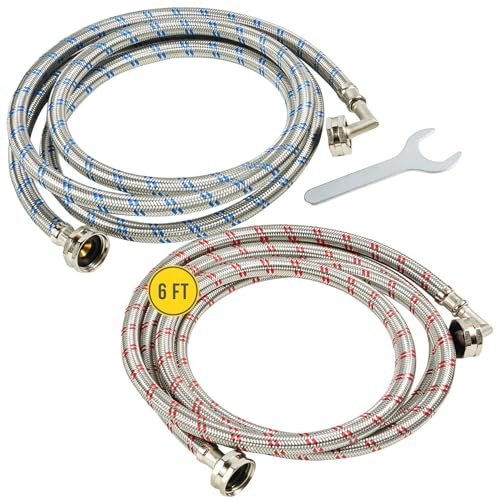 Washing Machine Hoses (6FT) - 90° Elbow - OCTAGON Connections for Secure Tightening - Universal Fit to All Wash Machines - (2 Pack) Braided Stainless Steel - Burst Proof Washer Water Supply Line