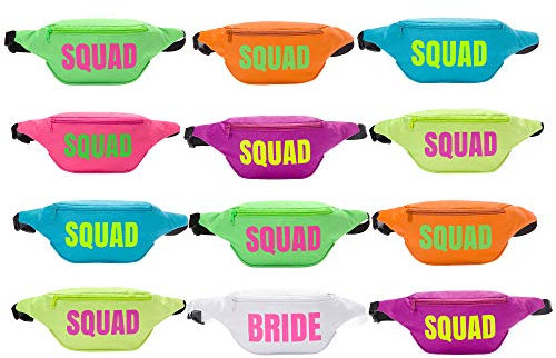 Bachelorette 80er Jahre Bauchtasche Set | 1 Bride Fanny Pack und Squad Fanny Packs | Junggesellinnenabschied Gastgeschenke, 12 Count (Pack of 1)