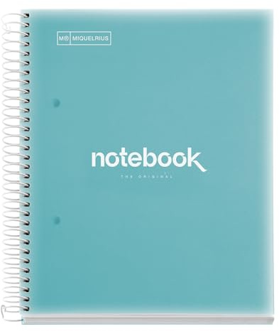Miquelrius - Notizbuch A5 Notebook Emotions, 120 Blatt 90 g/m², Horizontale Streifen 7 mm, 5 Farbige Streifen, Mikroperforierte Spirale, Polypropyleneinband, Himmelblau