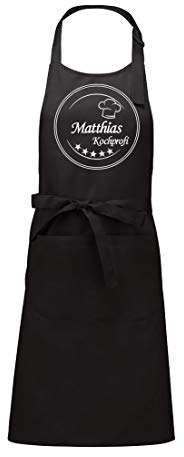 Schürze mit Namen bestickt, Kochschürze Küchenschürze Latzschürze personalisierbar mit eleganter Stickerei, 100% Baumwolle, Geschenk für Männer und Frauen (schwarz)