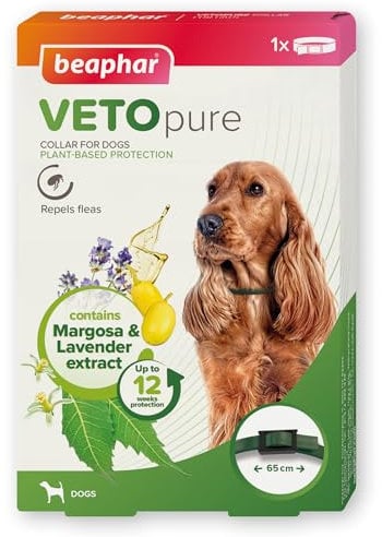 Beaphar – VETOpure Flea Collar for Dogs – Plant-Based Protection – Repels for up to 12 Weeks – Contains Margosa & Lavender Extract – Comfortable and Adjustable Collar 65cm
