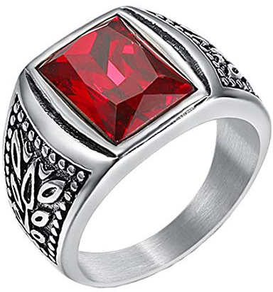 HIJONES Herren Klassisch Tulpe Graviert Rubin Edelstein Ring aus Edelstahl Silber Größe 72