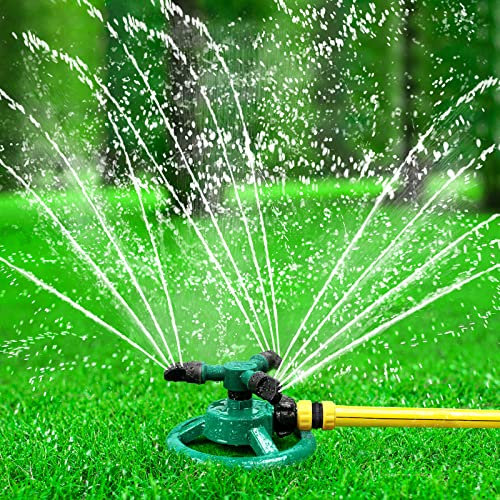 HTLY SPR Garden Sprinkler, Automatic Lawn Sprinkler 360 Degree Rotating 3 Arms Adjustable Water Sprinkler System Large Coverage for Garden Plants Lawn Watering Lawn Irrigation