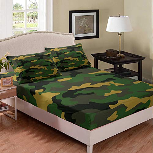 Grüne gelbe Schwarze Farben Spannbettlaken 160x200cm Moderne Camouflage Spannbetttuch für Kinder Jungen Mädchen Erwachsene Militärischer Stil Spannbetttuch Bettlaken Set Ultra weich 2St
