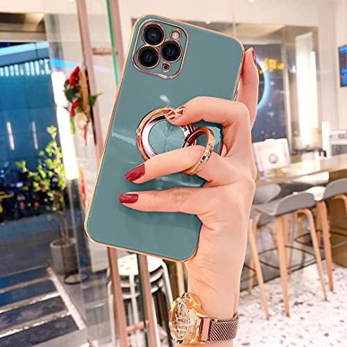 OWM iPhone 12 Pro Max Case with Ring Holder Stand Magnetic Back Silicone Shockproof Gold Edge Luxury Girls Women Protective Phone Cover Compatible for iPhone 12 Pro Max 6.7 inch (Blush Green)