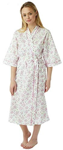 Ladies Cotton Floral Print Night Gown Loungewear Women's Robes Wrap with Tie Belt Soft & Comfortable Short Sleeve Ladies Dressing Gowns for Women UK Sizes 10-30, MN18