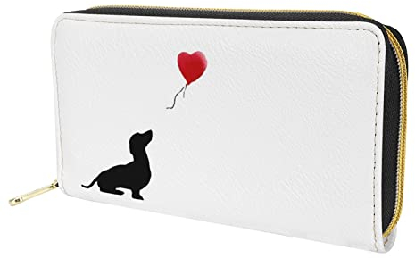 Dolyues niedlicher Dackel mit rotem Ballon-Aufdruck Kreditkartenetuis für Frauen, Lange Pu-Leder-Reißverschluss, Geld-Clutch-Taschen, Handyhülle, Geldbörse