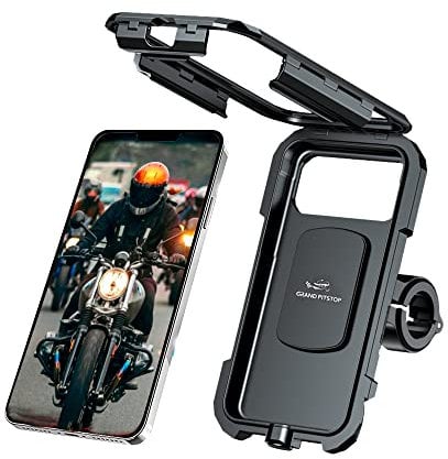 GRAND PITSTOP Anti Theft Waterproof Motorcycle Phone Mount with Wireless Charging Pad Sturdy Mobile Base, 360° Phone Protection, Aluminium Clamp Handle Mount Black