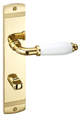 1 Set Türdrücker MATTEO Messing poliert, Griff Porzellan weiß glänzend Bad (WC) Türdrücker auf Langschild Badezimmer-Garnitur mit Befestigungsmaterial von Sotech