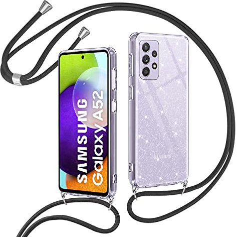 Vauki Paillette Coque pour Samsung Galaxy A52s 5G/A52 4G/5G avec Cordon,Etui Silicone Transparente Antichoc Housse avec Collier Bandoulière Chaîne,Glitter Case Cover pour Samsung A52 6.5,Noir