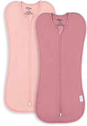 Comfy Cubs Coperta fasciante per neonati e ragazzi, facile da avvolgere con cerniera, confezione da 2 pezzi, sacco nanna per neonati (S 0-3 mesi, rosa cipria, malva)