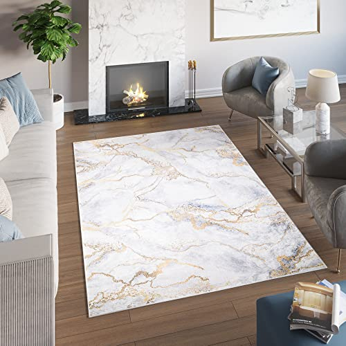 TAPISO Toscana Teppich Bedruckter Teppich Grau Gold Glamour Marmor Waschbar rutschfest Wohnzimmer Schlafzimmer Büro Modern Design 160 x 230 cm