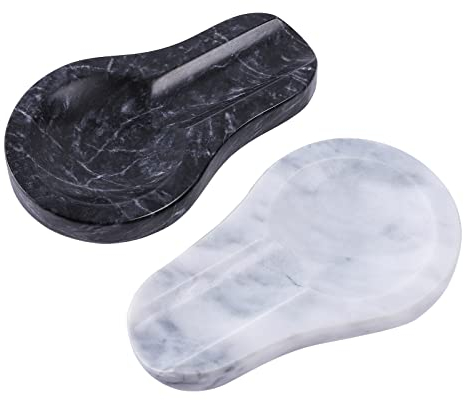 HESHIBI Spoon Rest,Handmade Marble Spoon Rest for Kitchen,Decorative Utensil Rest for Stove Top,Spatulas,1 black and 1 white,2 packs.