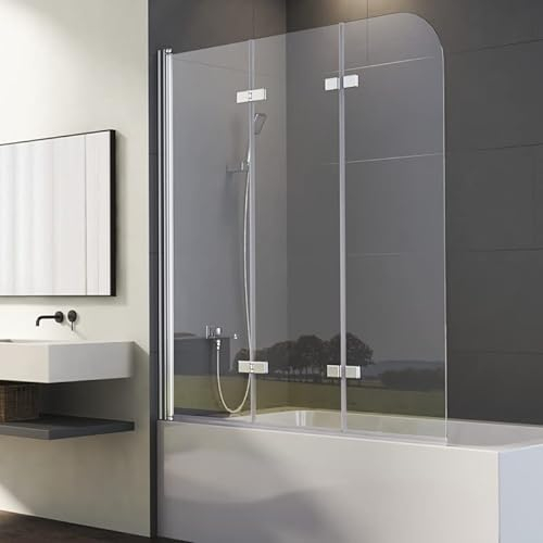 Duschwand für Badewanne 120x140 Silber 3-teilig Faltbar Duschtrennwand, Triple Falttür Badewannenwand Duschabtrennung, Badewannenaufsatz Trennwand mit 6mm Nano EGS Glas, Badewannenfaltwand Faltwand