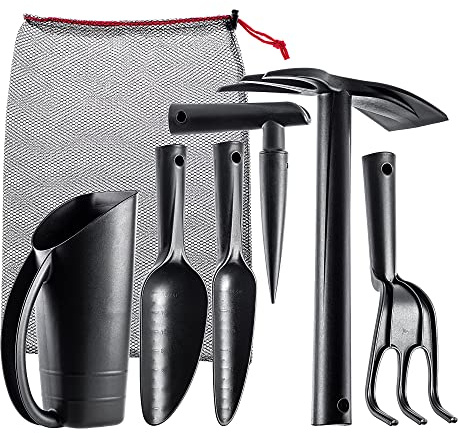 KADAX Gartenwerkzeug Set, 6 in 1 Gartengerätset aus robustem Kunststoff, Gartenzubehör inkl. Tragetasche, Geschenkset für einen Gartenliebhaber, Handwerkszeug (6)
