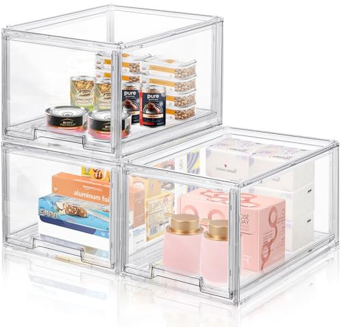 3 Packs Plastic Stackable Storage Drawers, DILIBRA Clear Storage Bins Organizer with Pull Out Drawer for Kitchen Cabinet Pantry Fridge Freezer Shelf Refrigerator Organization and Storage