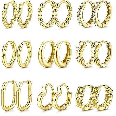 JeweBella 9Paar Kleine Gold Creolen Ohrringe Set für Damen Mädchen 14K Vergoldet Ohrringe Hypoallergen Knorpel Huggie Creolen Zirkonia Twist Herz Creolen Set Gold Kreolen Ohrringe Modeschmuck