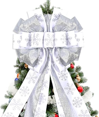Weihnachtsbaumspitze, Weihnachtskranz, Schleife, groß, weiß, Schleife mit Schneeflocke, Gemustert, für Weihnachtsbaum, Dekoration, Weihnachten, Zuhause, Innen- und Außenbereich, 114,4 x 33 cm