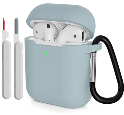 KOKOKA Silikonhülle Kompatibel mit AirPods 2 Hülle mit Reinigungsset und Schutzhülle für AirPods 2. Generation Case, Stoßfeste Weiche Dünne Case für Airpods 2 Mit Karabiner, Denim Blue