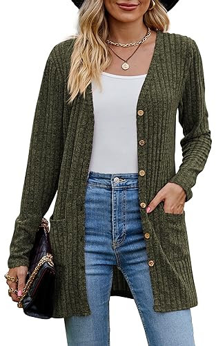 MYCOLORBLUE Alte Zeiten Strickjacken für Damen Elegant Cardigan Gerippt Langarm Knopfleiste mit Taschen Strickcardigan Armeegrün L