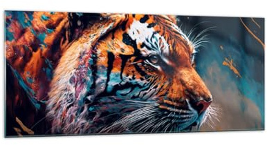 ARTTOR Tableau Décoratif en Verre 120x50cm Animaux - 5736 | Tigre Coloré Animal Impression sur Verre Grand Décoration Murale Art Mural Verre Trempé Salon Chambre Design Moderne ARTTOR